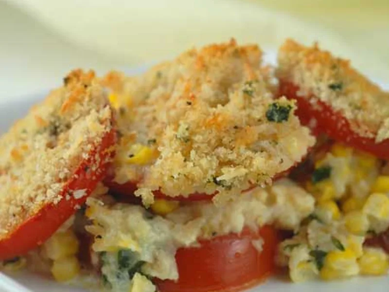 Tomato Corn Summer Casserole with Waffle Crumb Topping