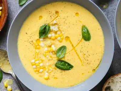 Chilled Corn Peach Tomato Gazpacho with Yogurt