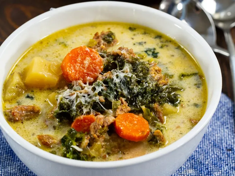 Slow Cooker Tuscan Sausage Soup with Kale and Potatoes
