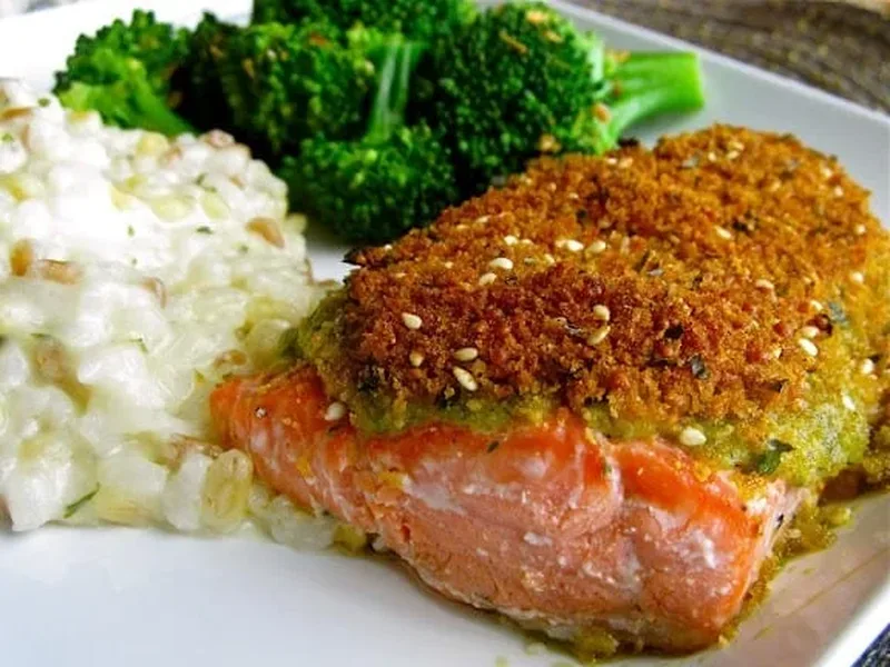 Pesto-Crusted Broiled Salmon with Panko and Parmesan