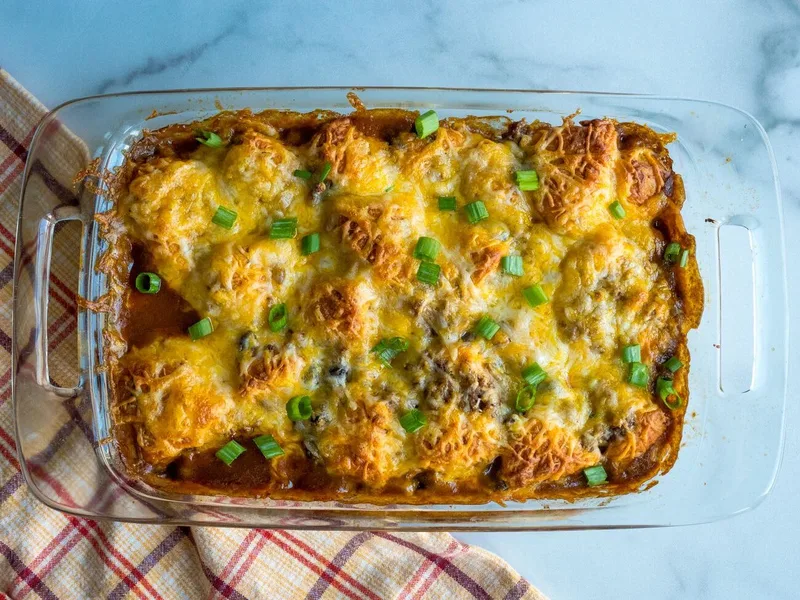 Bubble Up Enchilada Casserole with Ground Beef and Biscuits