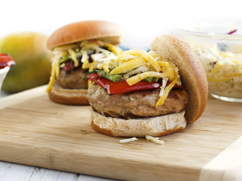 Caribbean Jerk Turkey Burgers with Mango Slaw