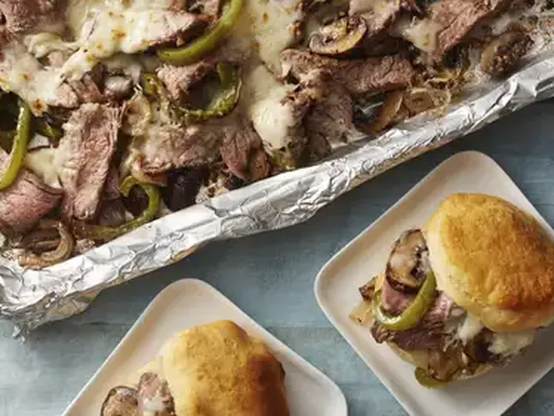 Sheet Pan Philly Cheesesteak with Biscuits
