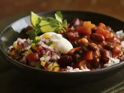 Three-Bean Chili with Garlic Rice and Fresh Pepper Salsa