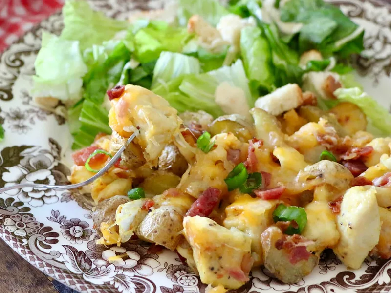 Air Fryer Loaded Chicken and Potatoes with Cheddar and Bacon