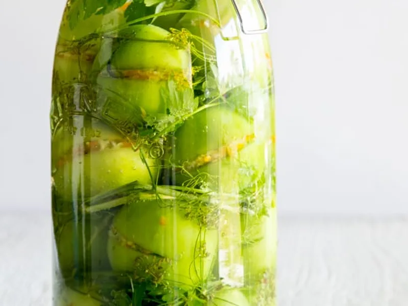 Pickled Stuffed Green Tomatoes with Jalapeño Garlic Filling
