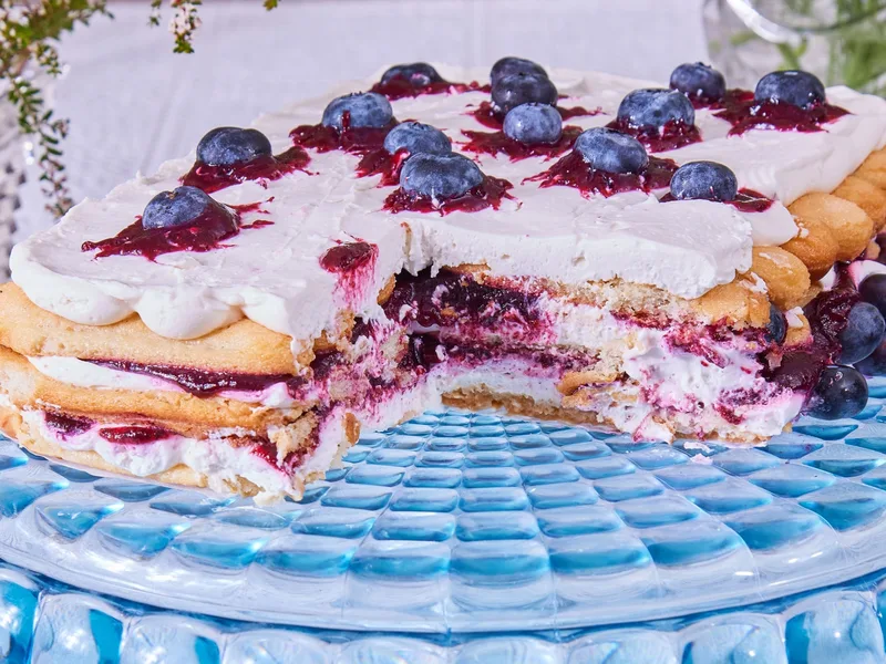 Lemon-Blueberry Tiramisu with Pareve Cream and Berry Coulis