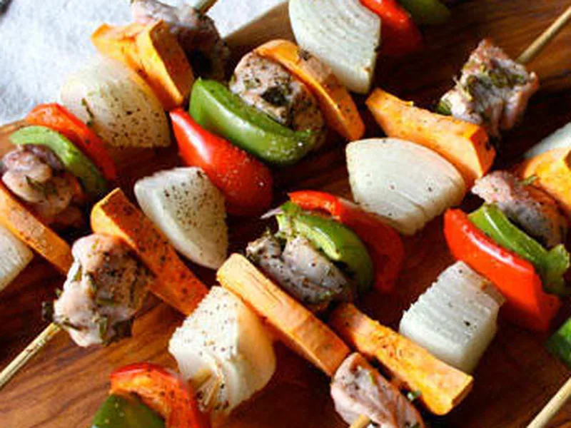 Grilled Pork and Sweet Potato Kabobs with Herb Marinade