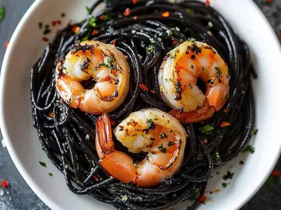 Squid Ink Pasta with Garlic Shrimp and White Wine