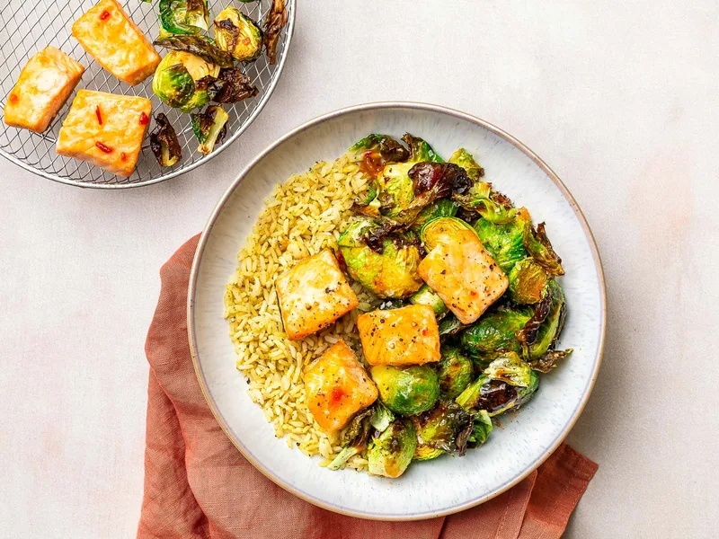 Air Fryer Sweet Chili Salmon with Brussels Sprouts