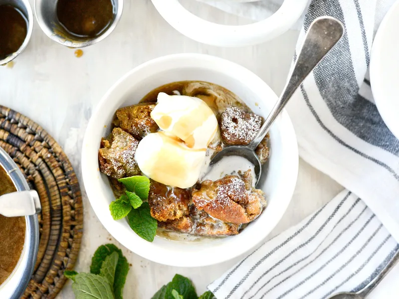 Cider Mill Doughnut Bread Pudding with Butter Rum Sauce