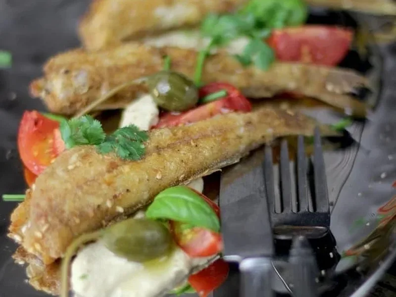 Fried Whiting with Smoked Eggplant Puree and Caperberries