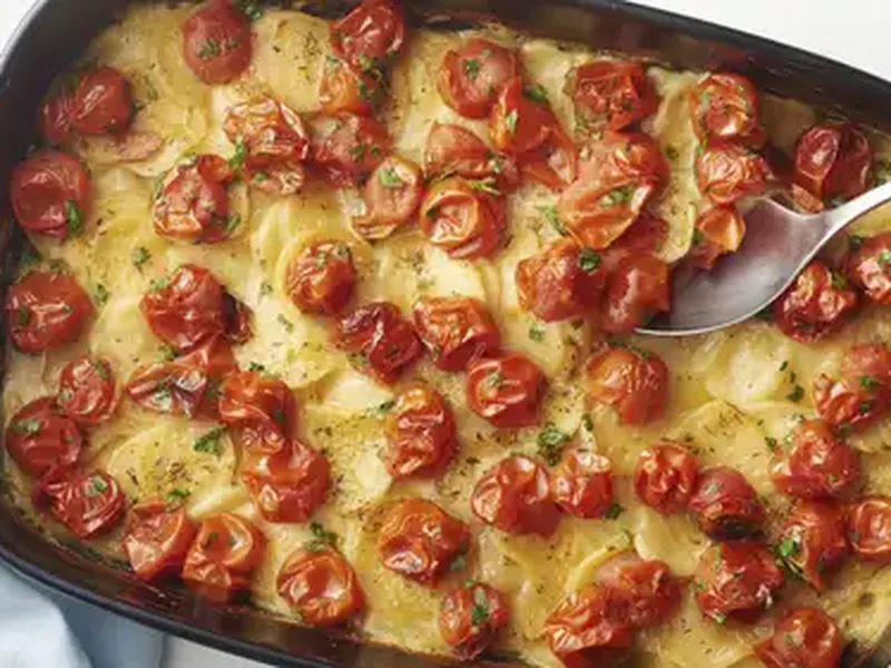 Scalloped Potatoes with Roasted Cherry Tomatoes