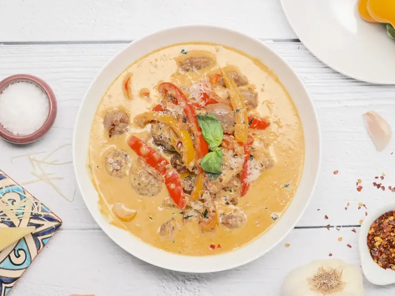 Low Carb Tuscan Sausage Skillet with Creamy Parmesan