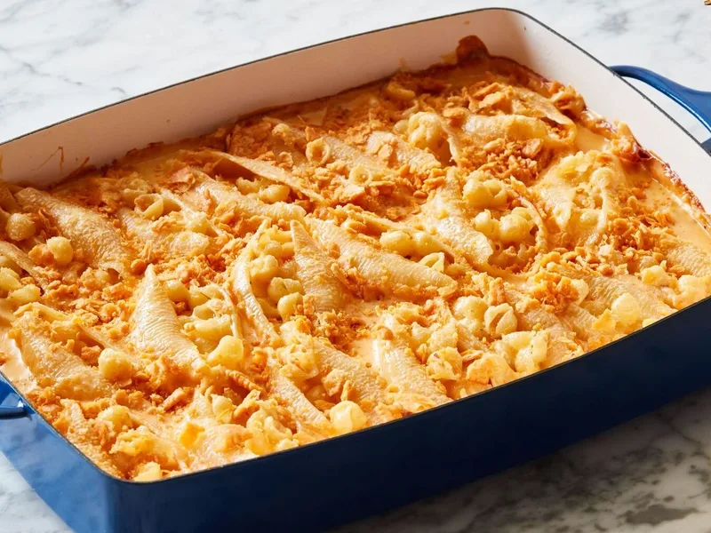 Baked Shells and Cheese Casserole with Homemade Cheddar Sauce