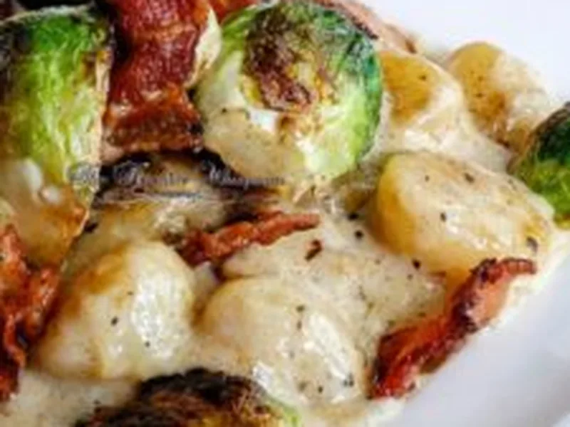 Bacon Cream Gnocchi with Caramelized Brussels Sprouts