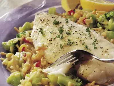 Lemony Fish and Rice Skillet with Mixed Vegetables