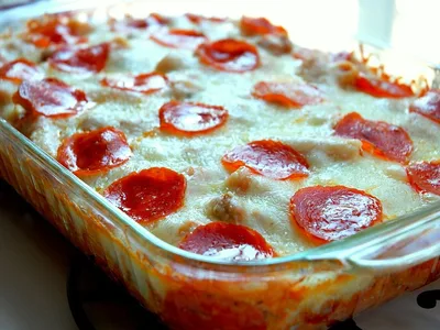 Ground Beef Pizza Casserole with Golden Biscuits