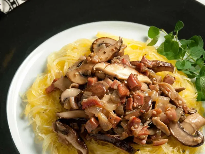 Roasted Spaghetti Squash with Creamy Mushroom Pancetta Sauce