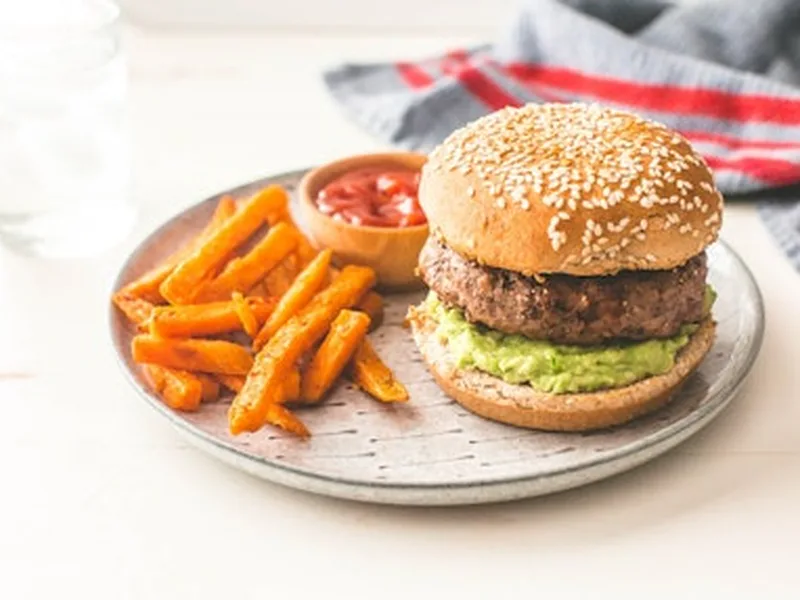 Chipotle Black Bean and Quinoa Burgers with Sweet Potato Fries