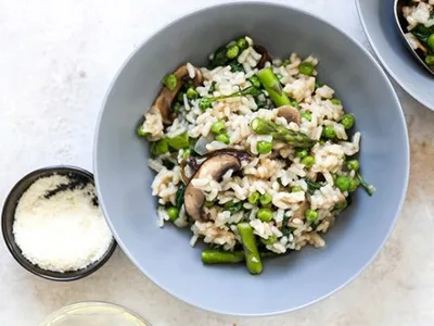 One-Pot Baked Spring Vegetable Risotto with Mushrooms