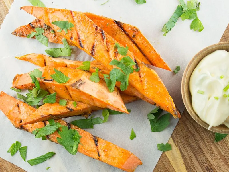 Grilled Sweet Potato Wedges with Garlic Chive Aioli