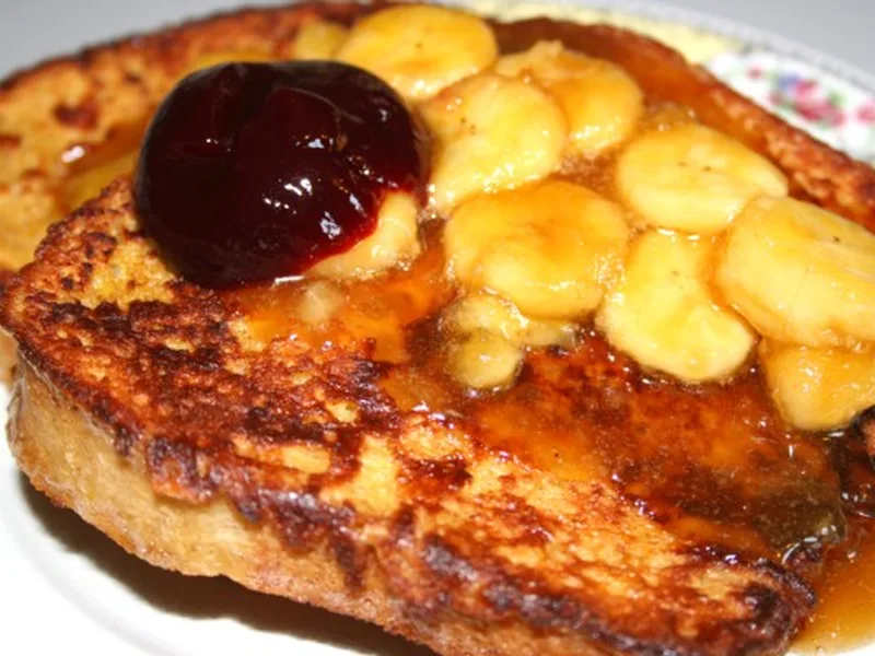Bananas Foster Raspberry French Toast with Brown Sugar Syrup