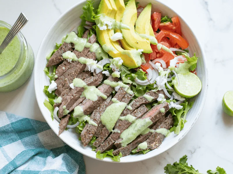 Air Fryer Garlic Butter Sirloin Steak Salad with Cilantro Dressing