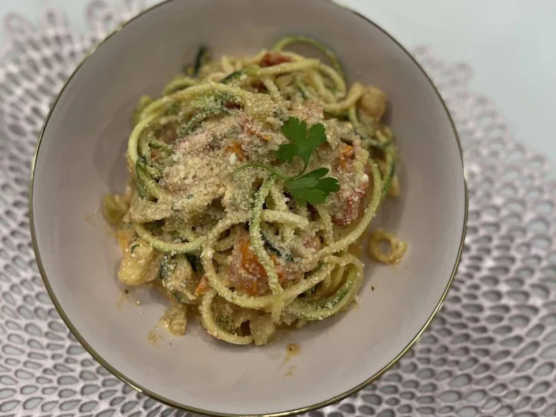 One Pot Baked Feta Zucchini Noodles with Cherry Tomatoes