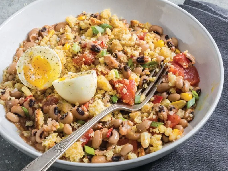 Blackeye Peas with Jammy Eggs and Cornbread Crumbles