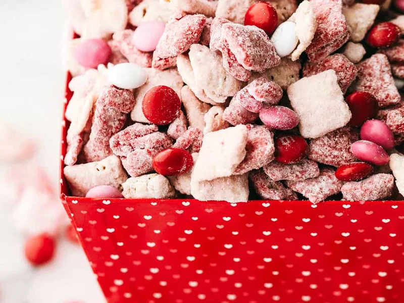 Valentine's Muddy Buddies with Strawberry Cake Mix