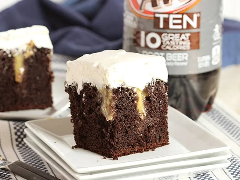 Root Beer Float Poke Cake with Vanilla Pudding