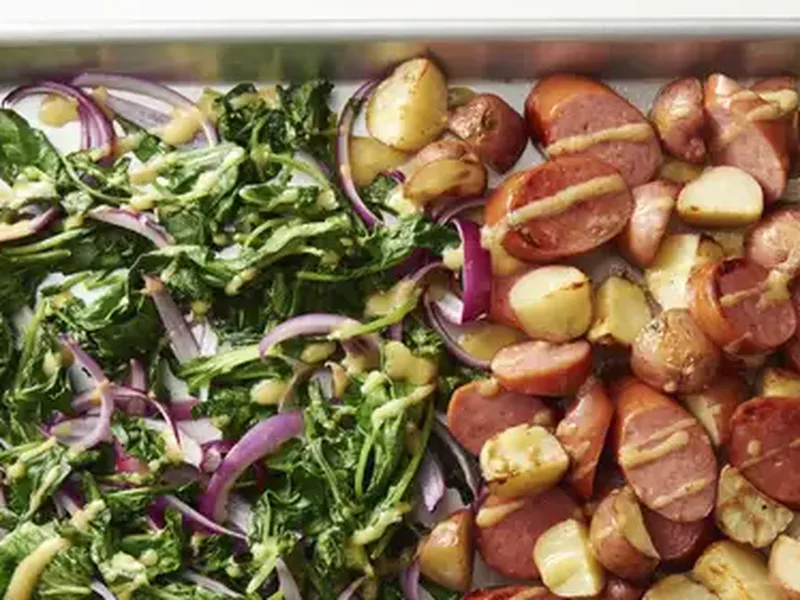 Sheet-Pan Kielbasa and Vegetables with Dijon Dressing