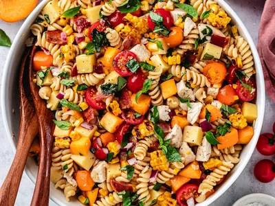 Grilled Corn Chicken Bacon Peach Pasta Salad