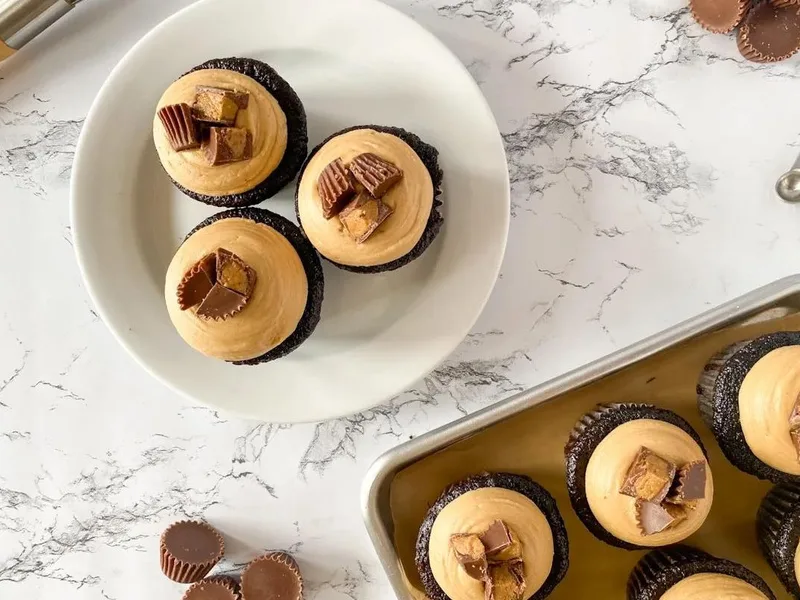 Dark Chocolate Cupcakes with Creamy Peanut Butter Frosting