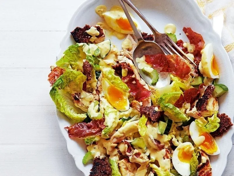 Lighter Caesar Salad with Grilled Chicken and Crispy Ham