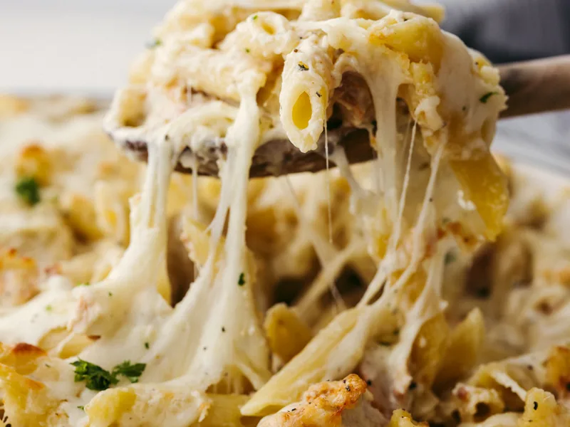 Baked Chicken Alfredo Penne with Creamy Three-Cheese Sauce