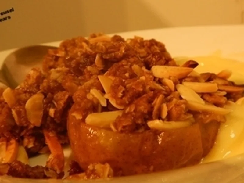 Almond Streusel Baked Pears with Honey Yogurt