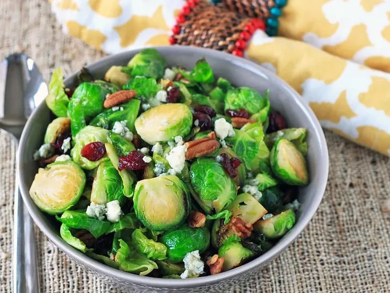 Warm Brussels Sprouts Salad with Blue Cheese and Maple Dressing