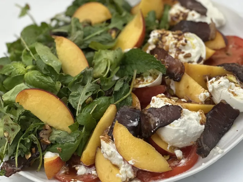 Summer Peach Burrata Salad with Biltong and Pomegranate