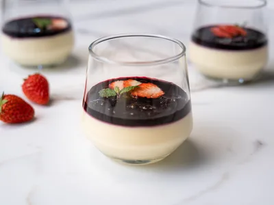 Air Sous Vide Panna Cotta with Blueberry Reduction