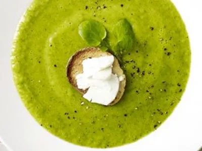 Creamy Watercress Celeriac Soup with Goat Cheese Croutons
