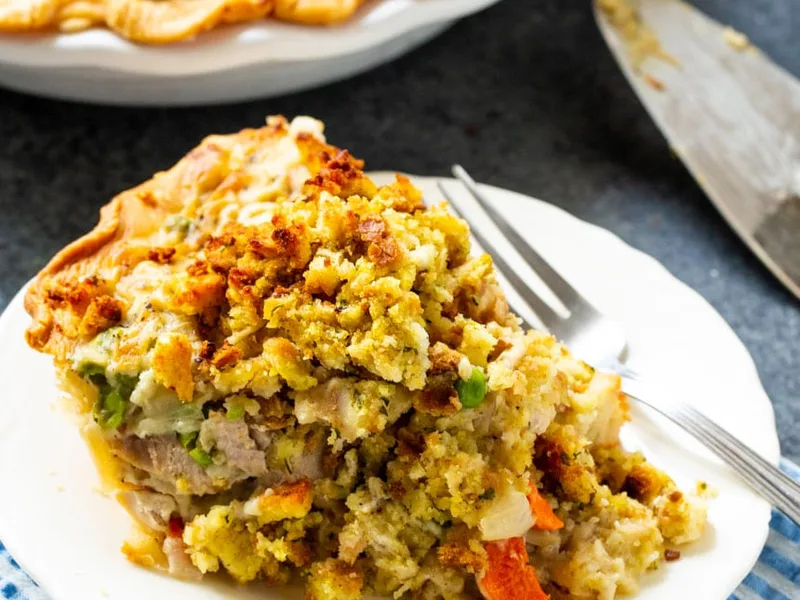 Turkey Pot Pie with Stuffing Topping and Creamy Vegetables
