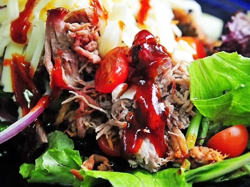 Pulled Pork Enchilada Salad with Crispy Tortilla Strips