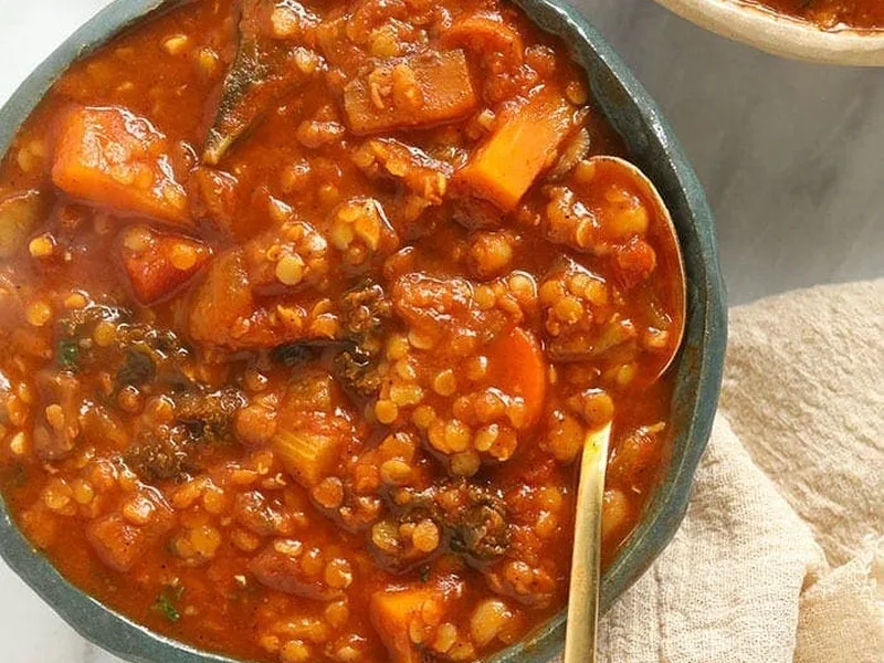 Hearty Sweet Potato Red Lentil Stew with Kale and White Beans