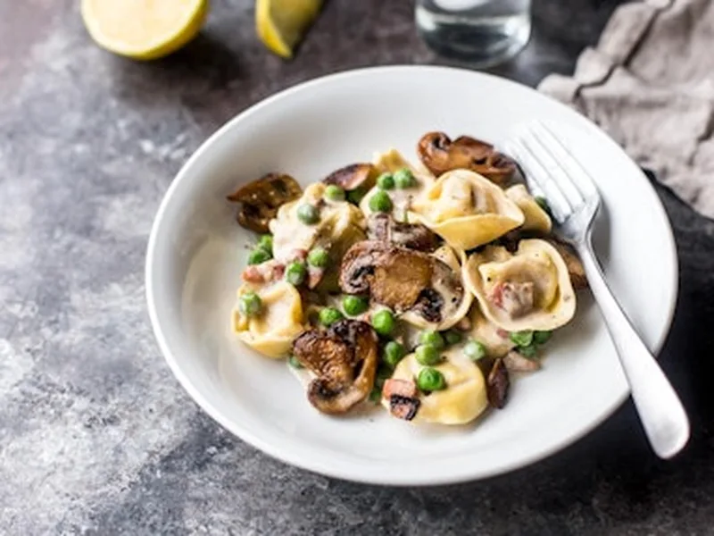 Spring Pasta with Pancetta and Mushrooms in Cream Sauce