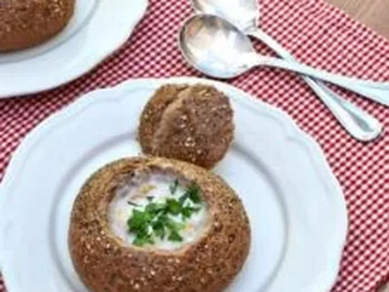British Cockle Chowder in Crusty Bread Bowls with Bacon