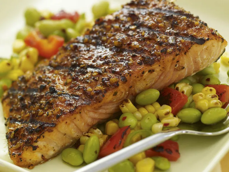 Chipotle Roasted Garlic Salmon with Grilled Corn Succotash