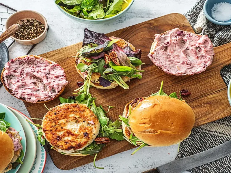 Cranberry Turkey Burgers with Jammy Mayo and Mixed Green Salad
