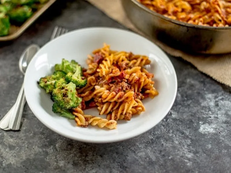 Tex Mex Pasta with Ground Beef and Roasted Spiced Broccoli